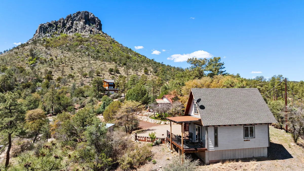 A wide exterior view of the house nestled among trees, with a mountain in the background. The porch and the surrounding greenery present a tranquil atmosphere, suggesting easy access to nature and plenty of space for pets to explore safely.